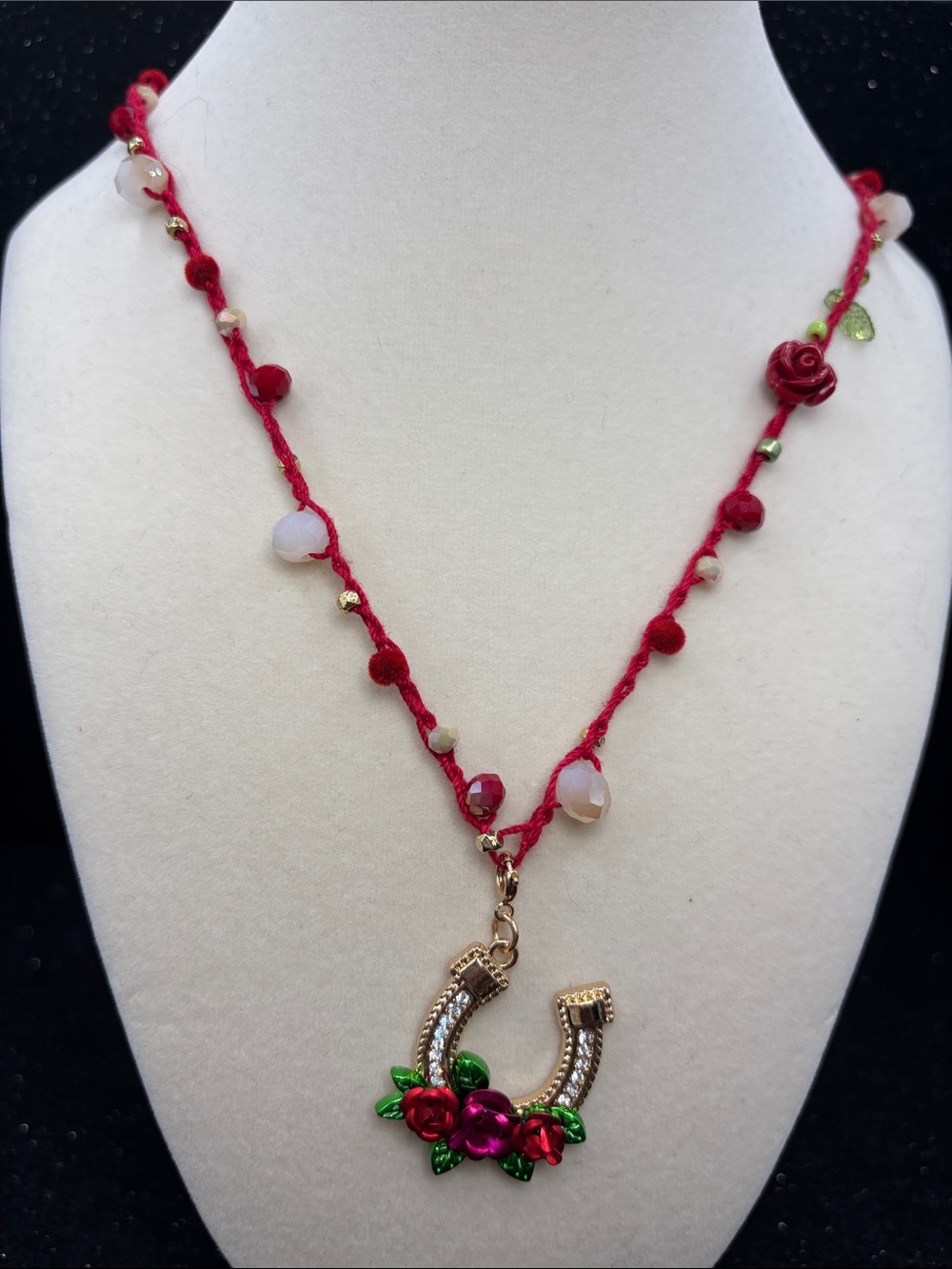 Handcrafted Red Rose Horseshoe Pendant Necklace - Picture 3 of 6